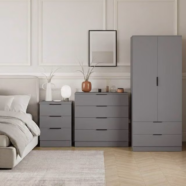 Vida Designs Trega 3-Piece Grey Bedroom Set Including 3-Drawer Bedside Cabinet, 4-Drawer Chest and Wardrobe