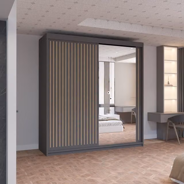 Sliding Wardrobes 4 u Modern 2-Door Grey Freestanding Wardrobe with Mirror and Open Shelf, Width: 203 cm