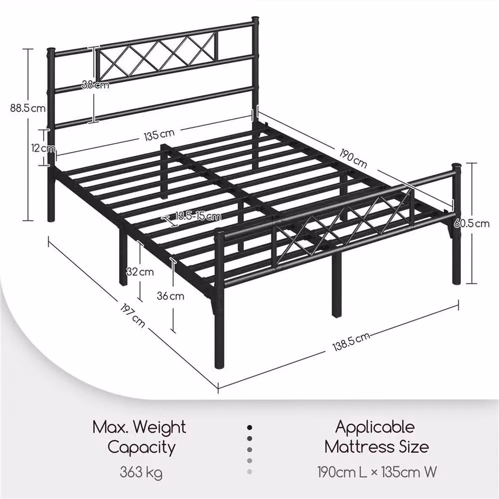 Kelvenix Metal Slatted Double Bed Frame in Black, W/D/H: 140 x 200 x 88.5 cm – 2