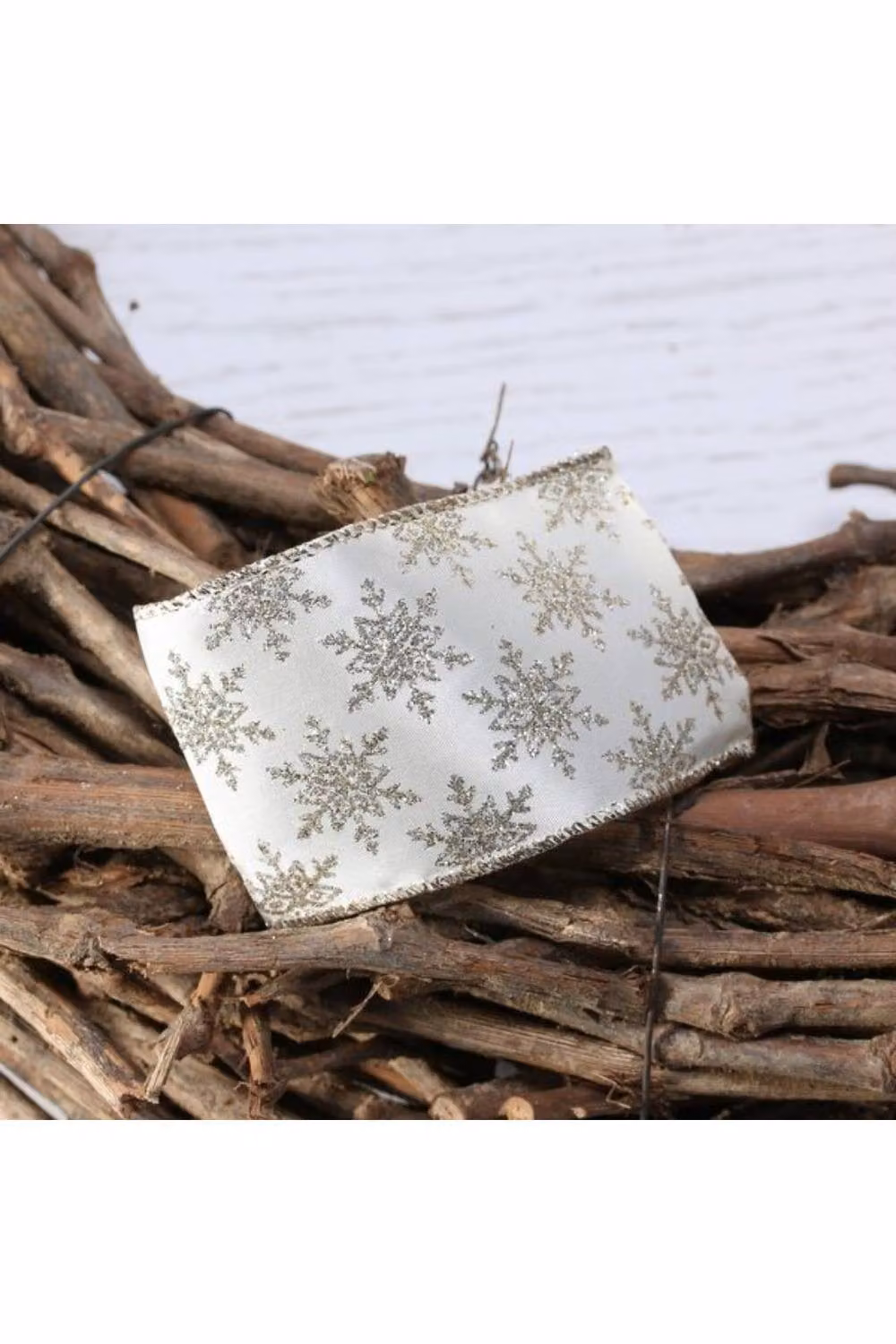 KDMD Champagne Glitter Snowflake Christmas Ribbon in Cream, Width: 63 mm, Length: 10 yd – 2