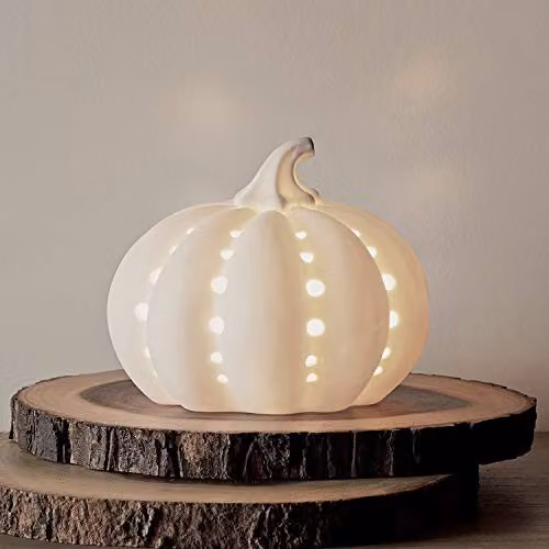 Lights4fun White Ceramic Pumpkin LED Light for Autumn and Halloween Decoration, H 17 cm x W 17 cm x D 14 cm – 4