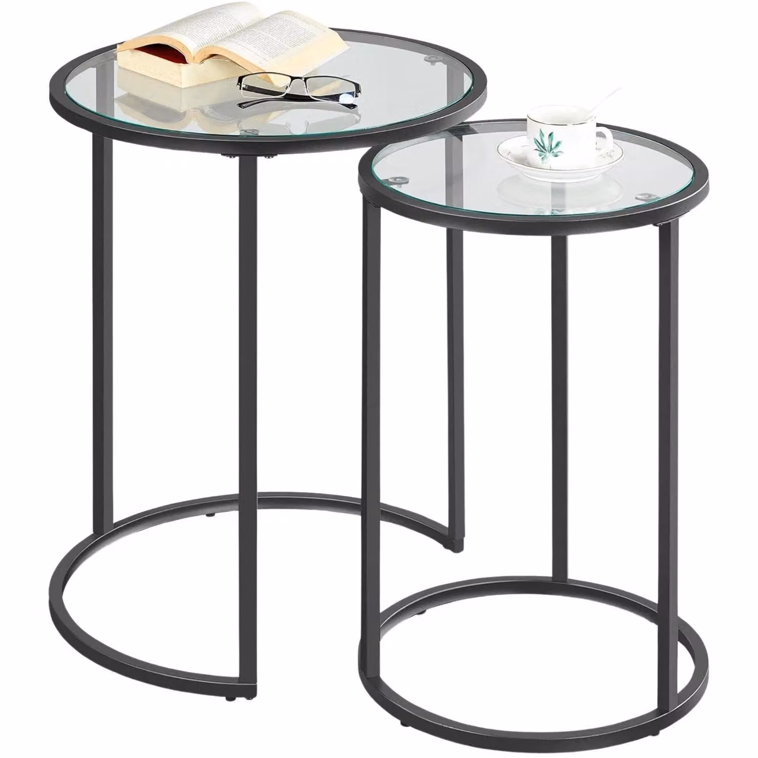 FURNOS Set of 2 Round Black Nesting Tables with Tempered Glass Tops – 3