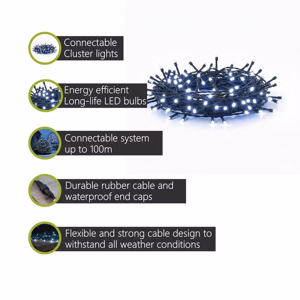 Pegdev Connectable LED Cluster Lights in Cool White with Black Cable, 10m – 2