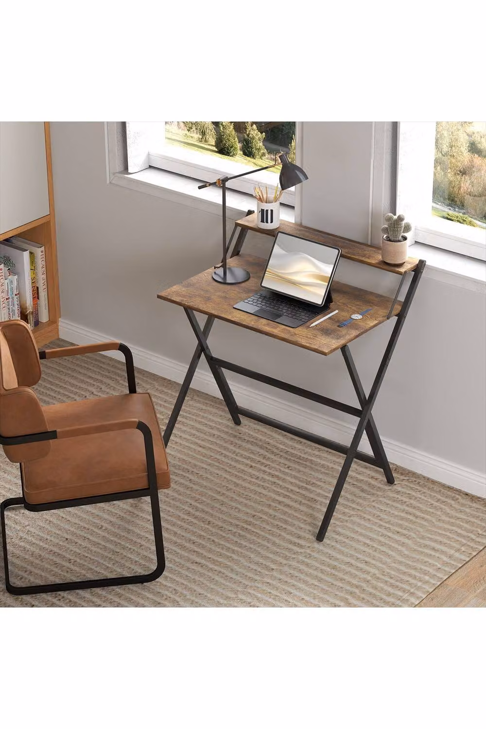 ERGOVEXA Folding Computer Desk with Monitor Shelf, Rustic Brown – 2