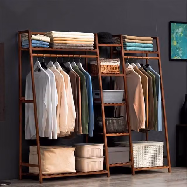 Komore Rustic Brown Bamboo Coat Rack with Continuous Linear Clothes Rail