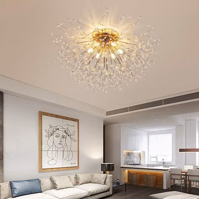 Garwarm 6-Light Gold Sputnik Semi Flush Mount Crystal Ceiling Light