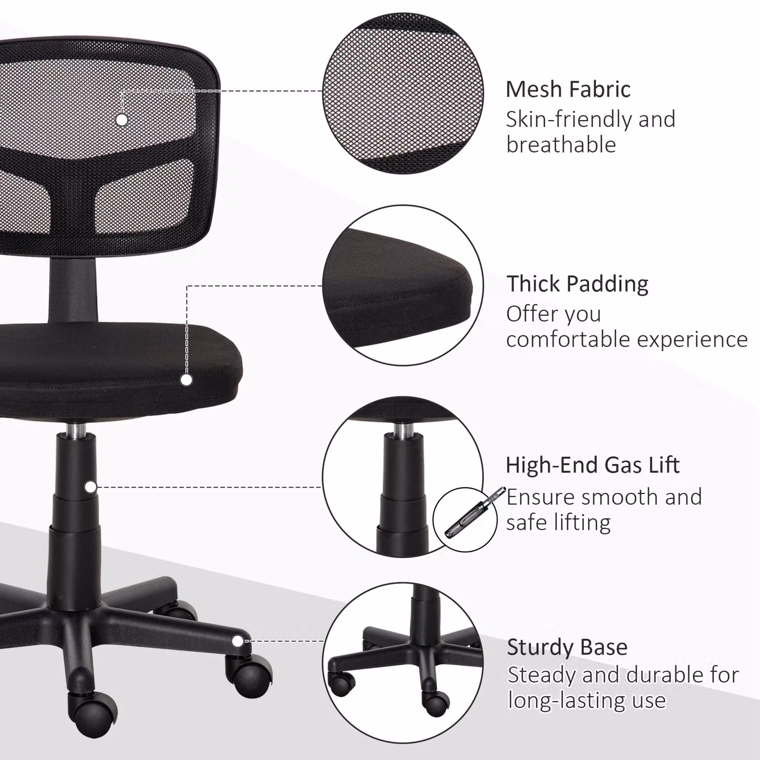 Vinsetto Small Ergonomic Office Chair in Black Fabric with Curved Back, Swivel Base and Height Adjustment, Holds up to 120 kg – 5
