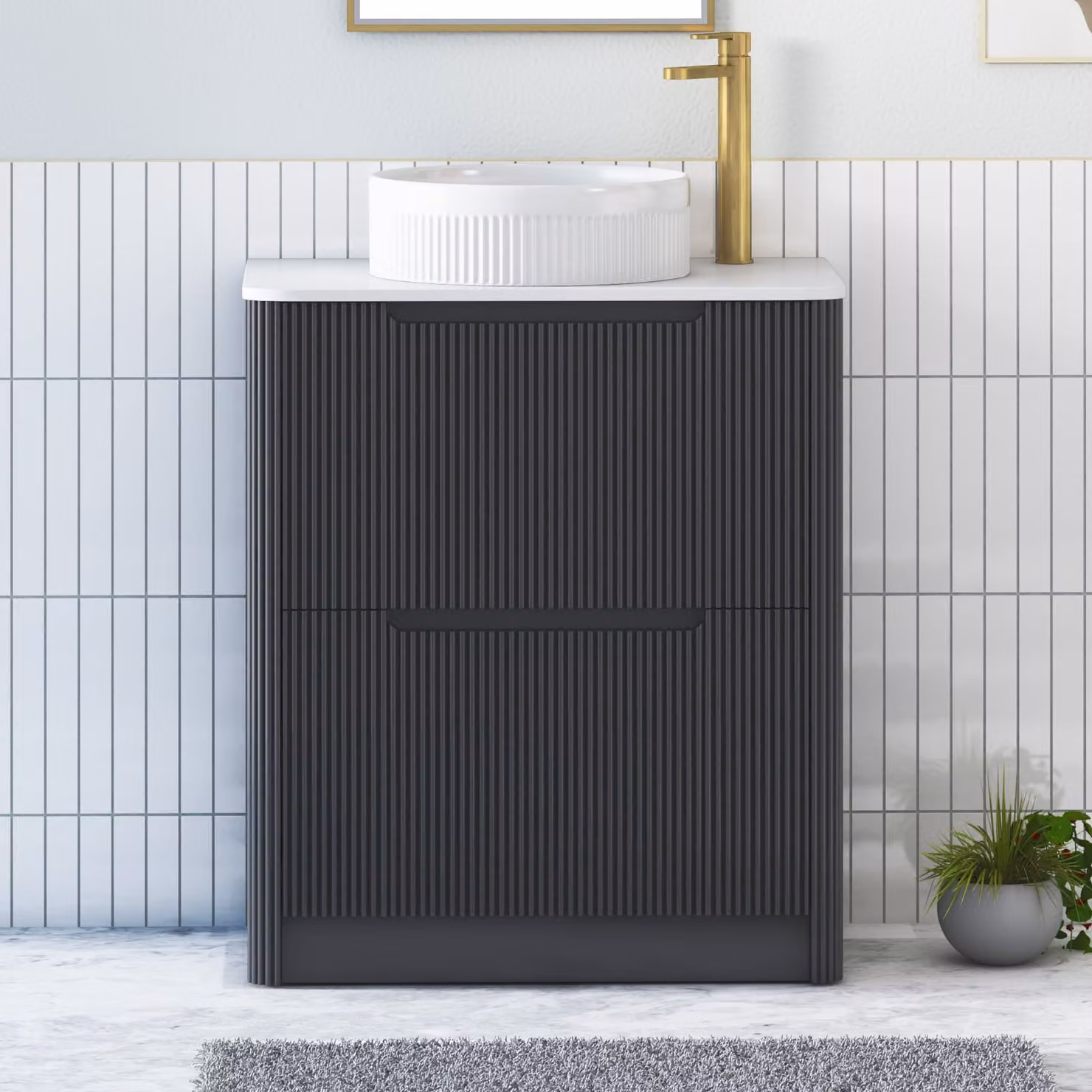 Royal Bathrooms Avenza 600mm Matt Obsidian Black Floor Standing 2 Drawer Vanity Unit with Plain White Worktop and Round Basin