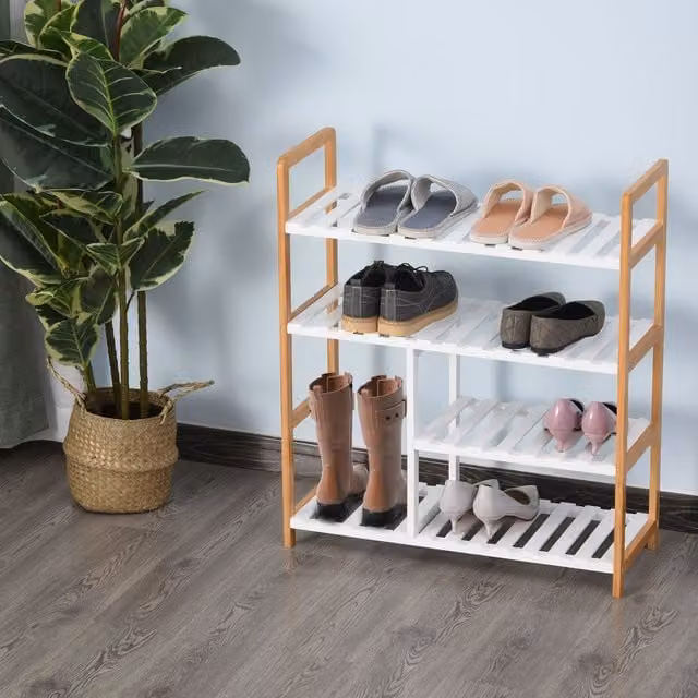 HOMCOM 4 Tier Modern Shoe Rack with Wood and MDF Frame in Brown and White
