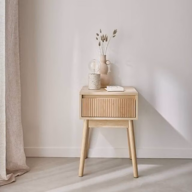 sweeek Scandinavian Wood One Drawer Bedside Table in Light Brown, W/D/H: 39 x 55.4 x 39 cm