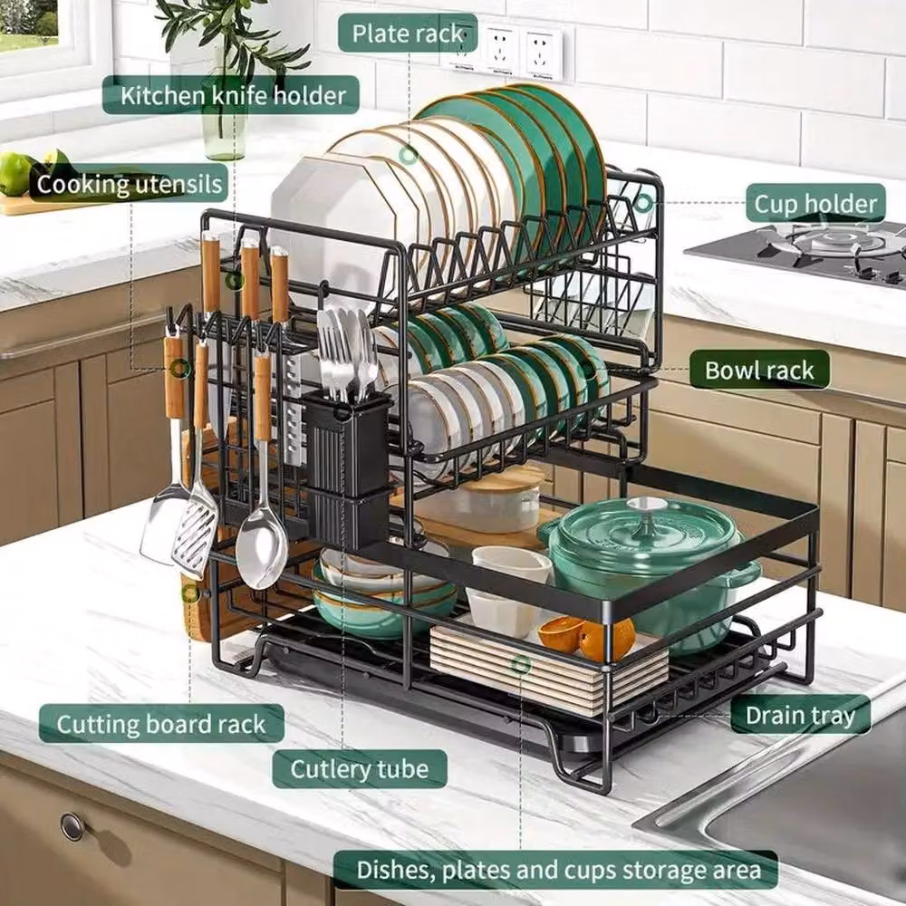 EONLION 3 Tier Kitchen Sink Dish Drainer Rack with Cutlery Holder and Drip Tray, Black – 4