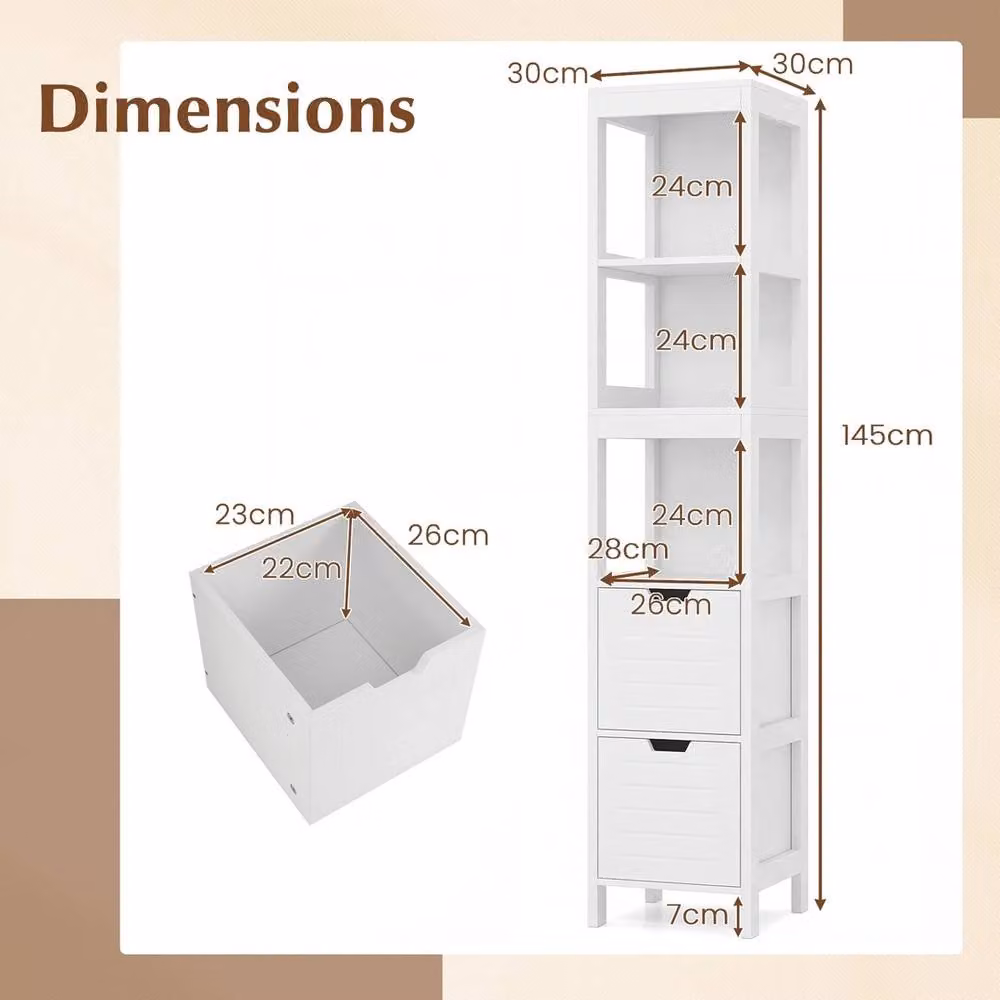 FORGEVIO Modern Narrow Freestanding Bathroom Floor Cabinet with 2 Drawers in Matt White – 2