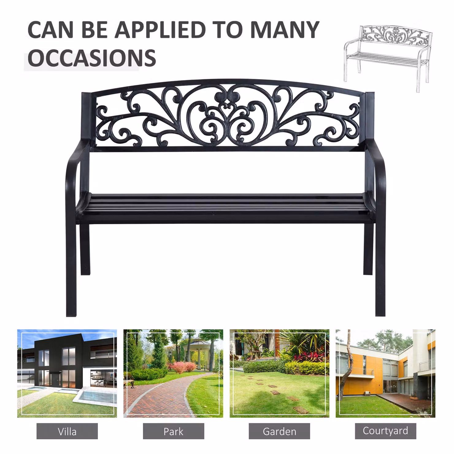 Outsunny 2 Seater Black Metal Garden Park Bench with Armrests – 6