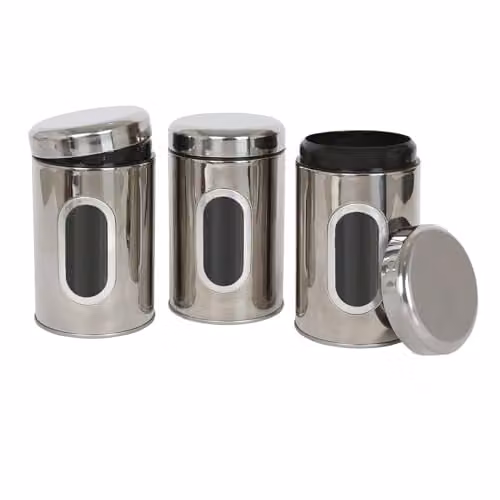 Harbour Housewares 3 Piece Stainless Steel Tea Coffee Sugar Canister Set in Silver with Airtight Lids and Transparent Windows – 1