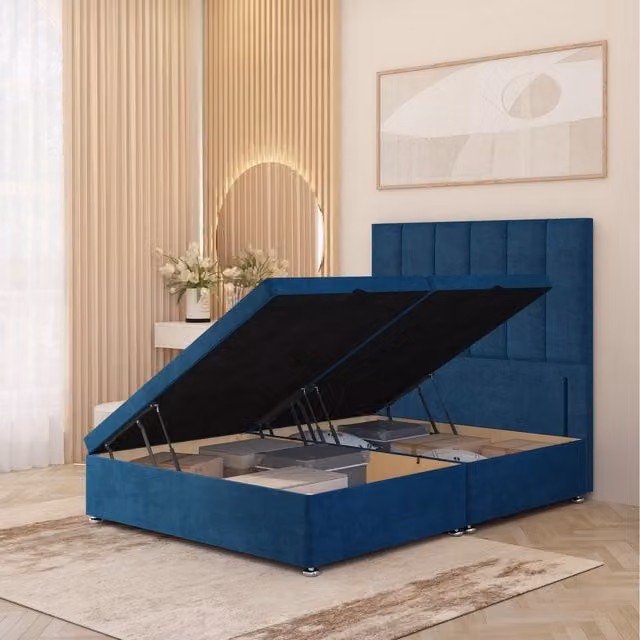 Somnior Beds Ltd Austin Plush Velvet Solid Wood Ottoman Bed with Side Opening Floor Standing Headboard, Blue, W/D/H: 140 x 200 cm