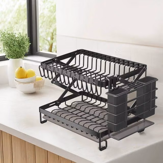 FORGEVIO 2 Tier Black Metal Dish Drainer Rack with Drip Tray and Cutlery Holder