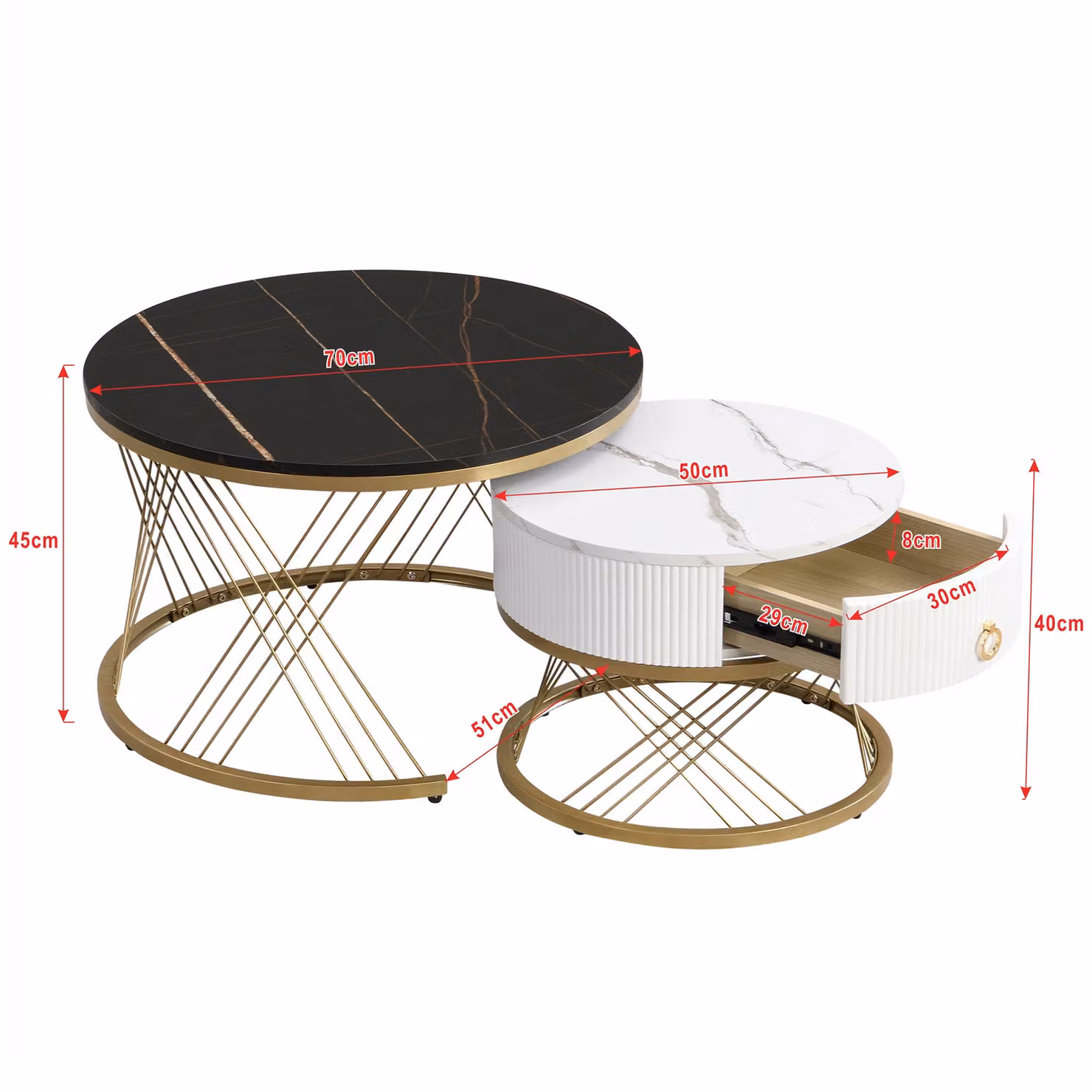 Aosom.UK Elegant Nesting Coffee Table Set with Marble Look and Gold Decor in Black, W/D/H: 70 x 70 x 45 cm and 50 x 50 x 40 cm – 2