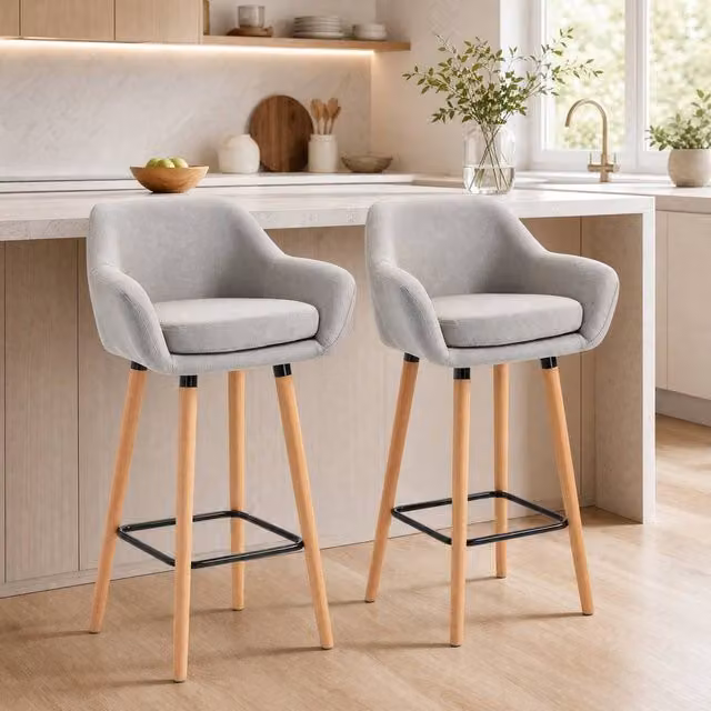 STILVORA Set of 2 Modern Bar Stools with Wooden Structure and Beige Linen Fabric – 1