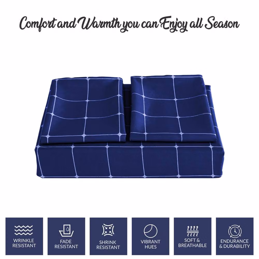Pamposh Reversible Blue Checked Microfibre Duvet Cover Set, W/H: 180 x 200 cm – 7