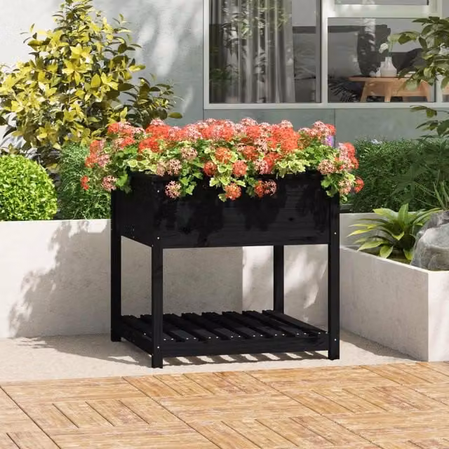 Berkfield Home Rustic Pine Planter with Shelf, Black, W: 82.5 cm, D: 82.5 cm, H: 81.0 cm – 1
