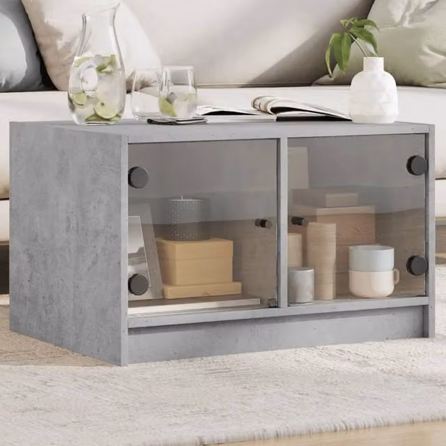 Berkfield Home Coffee Table with Glass Doors in Concrete Grey, W: 68 cm, D: 50 cm, H: 42 cm – 1
