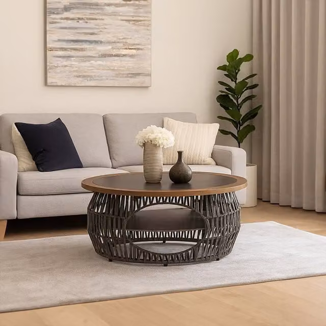 Orsina Grey Round Coffee Table with Natural Stone and Wood Top, W/D/H: 110 x 110 x 47 cm – 1