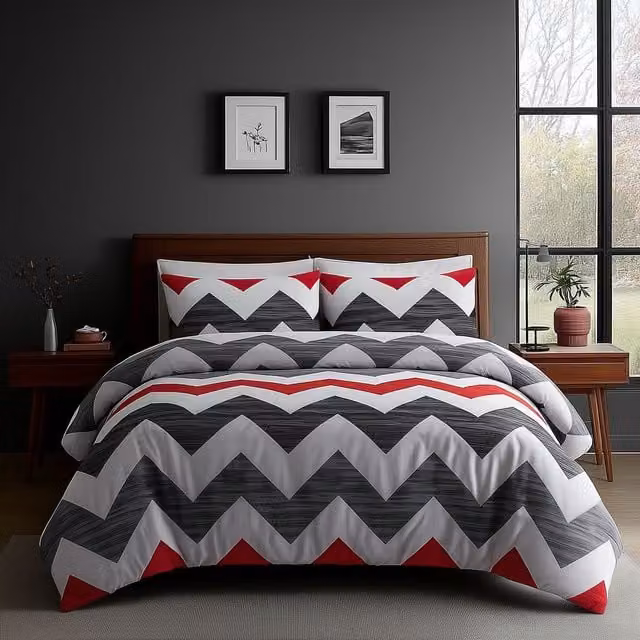 Home Sweet Home UK Double Reversible Ronaldo Pattern Polycotton Duvet Cover and Pillowcase Set in Grey and Red, 220 x 220 cm – 1