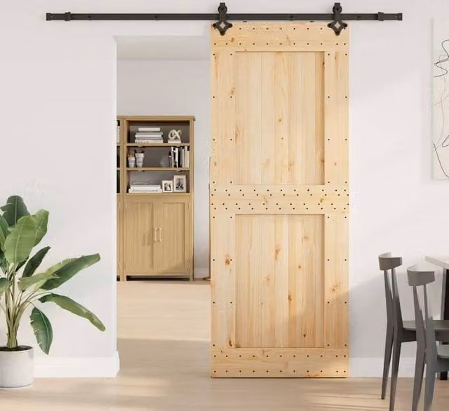 Berkfield Home Rustic Solid Wood Pine Sliding Door with Hardware Set, Brown, W: 90 cm, H: 210 cm – 1