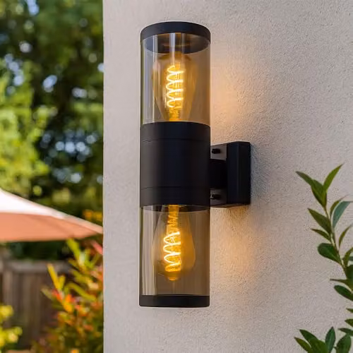 Netlighting Globo Lighting Up and Down Modern Cylinder Outdoor Wall Lamp in Black Stainless Steel, H 38 cm, 2x E27 Sockets, IP44 – 2
