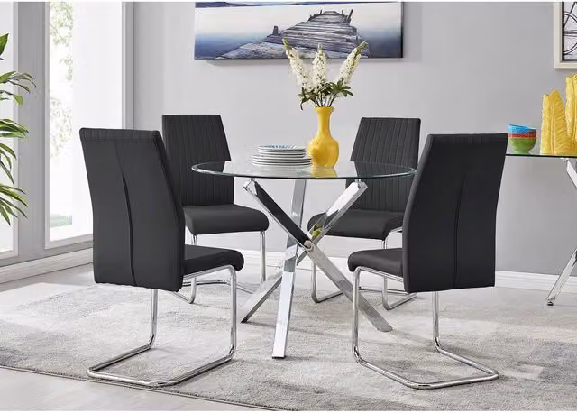 FurnitureboxUK Selina Chrome Round Glass Dining Table and Four Lorenzo Chairs Set in Black