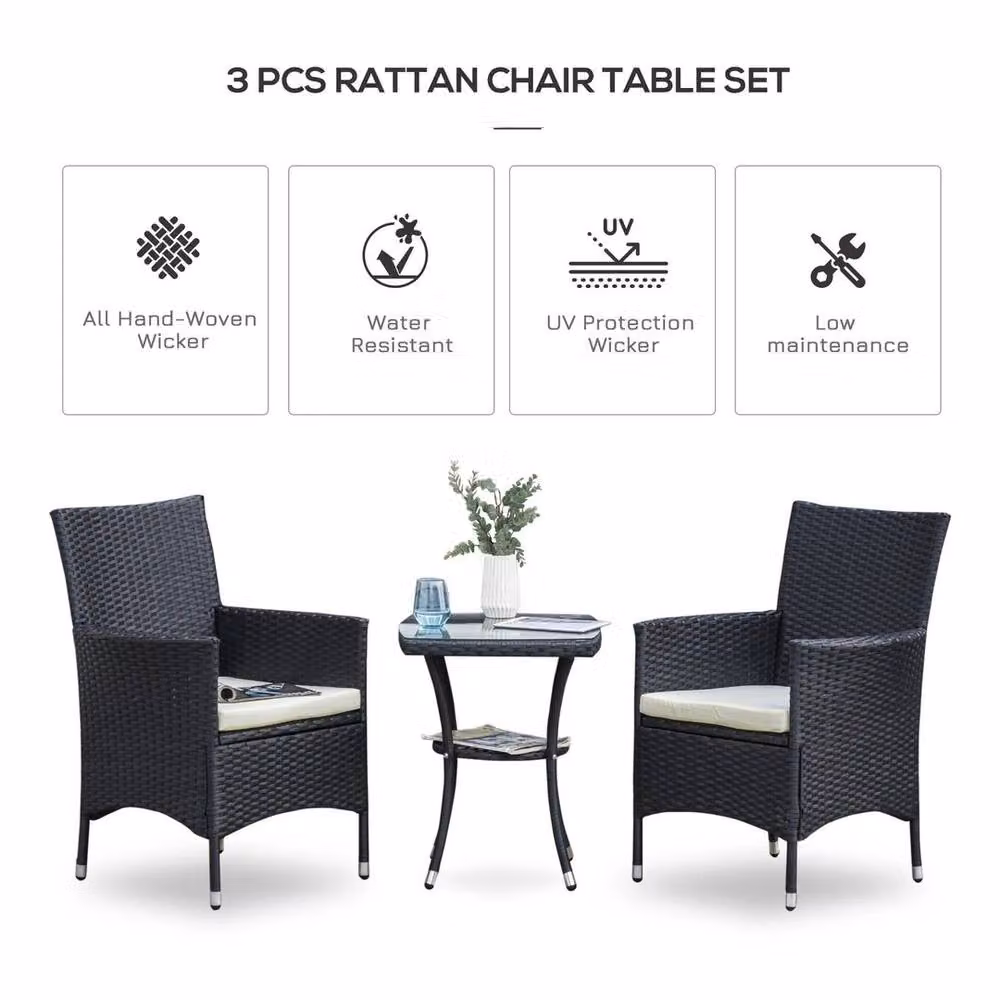 EONLION Black Rattan Bistro Set with Glass Top Table and Chairs for Garden and Patio – 3