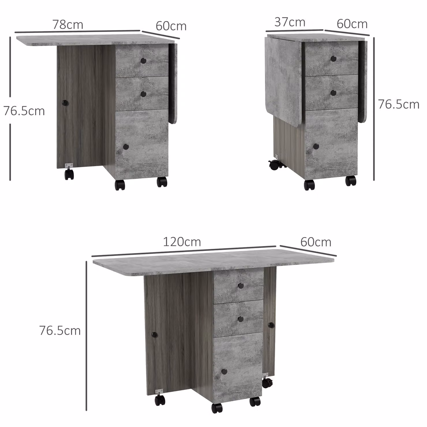 HOMCOM Folding Drop Leaf Dining Table with Storage Drawers and Castors in Grey – 3