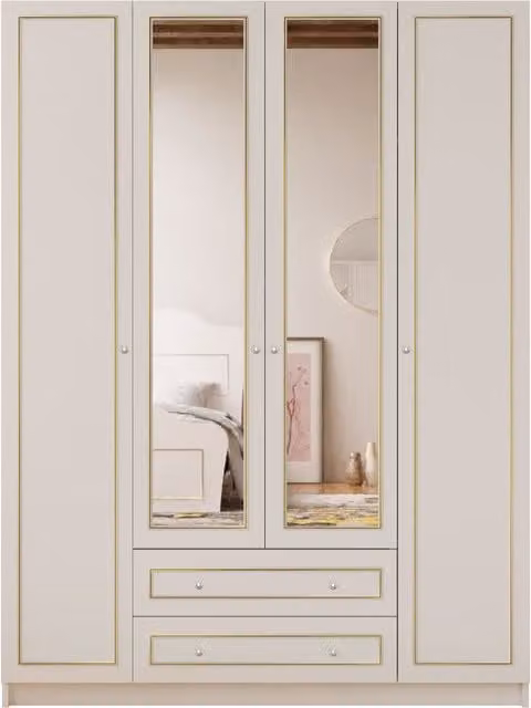 EVUHOME Marie 4 Door 2 Drawer Mirrored Wardrobe in White and Gold, H 182 x W 140 x D 52 cm