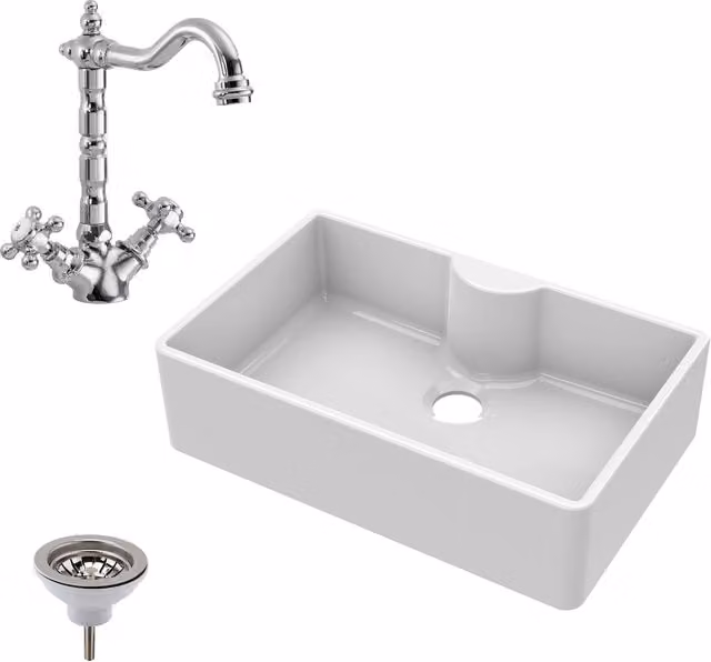 Balterley White Ceramic Fireclay 1 Bowl Butler Sink with Tap Ledge and Waste, Width: 79.5 cm