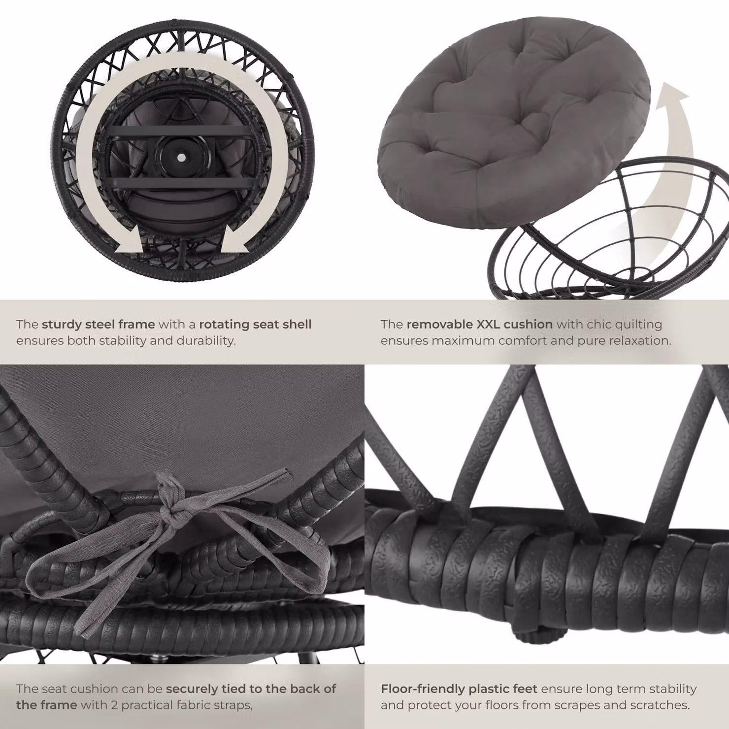 tectake Gargano Egg Garden Chair in Black with Grey Cushions and 360 Degree Swivel Metal Frame – 5