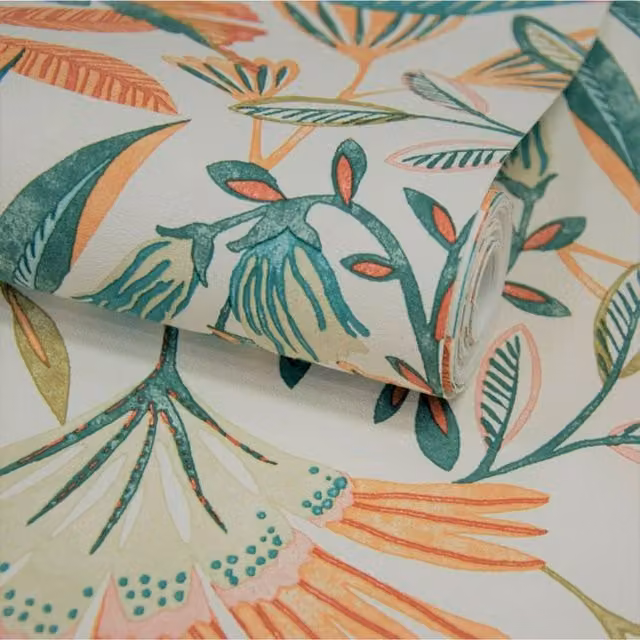 Grandeco Botanical Floral Modern Vinyl Wallpaper in Multicolour Orange Green and Blue