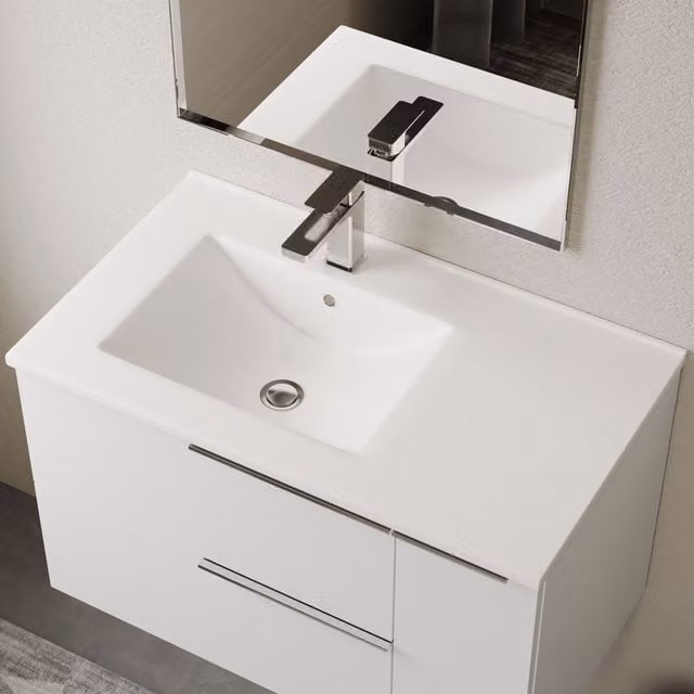 Banyetti Lira Gloss White Porcelain Offset Rectangular Countertop Basin W: 80.5 cm, D: 46.5 cm, H: 14.5 cm