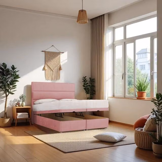Knight Sleep York End Opening Ottoman Bed with Orthopaedic Hybrid Mattress and 24 inch Headboard, Pink, W/D/H: 180 x 200 cm