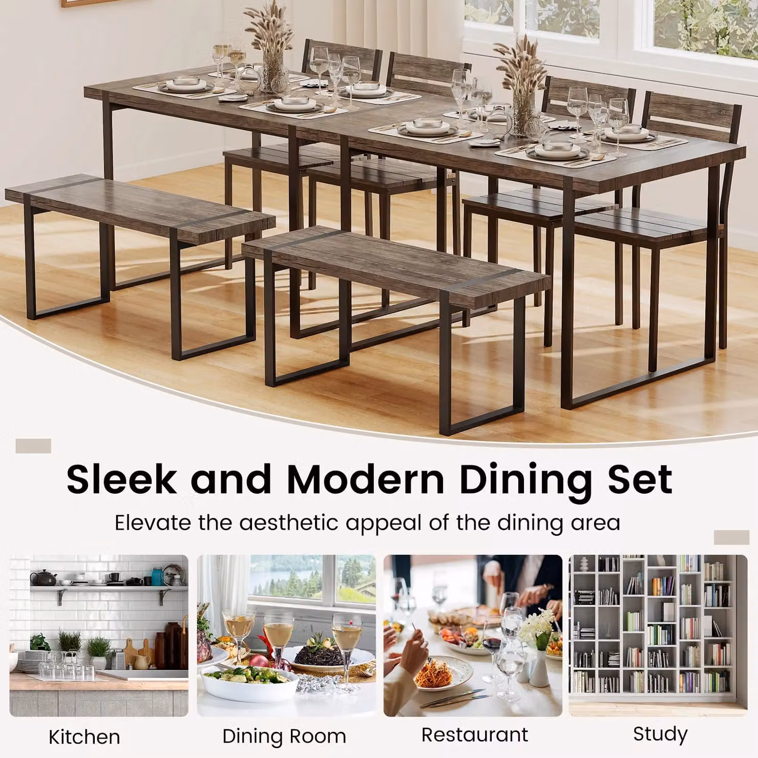 Costway 4-Piece Grey Wooden Rectangular Dining Table Set for 4 Adults – 7