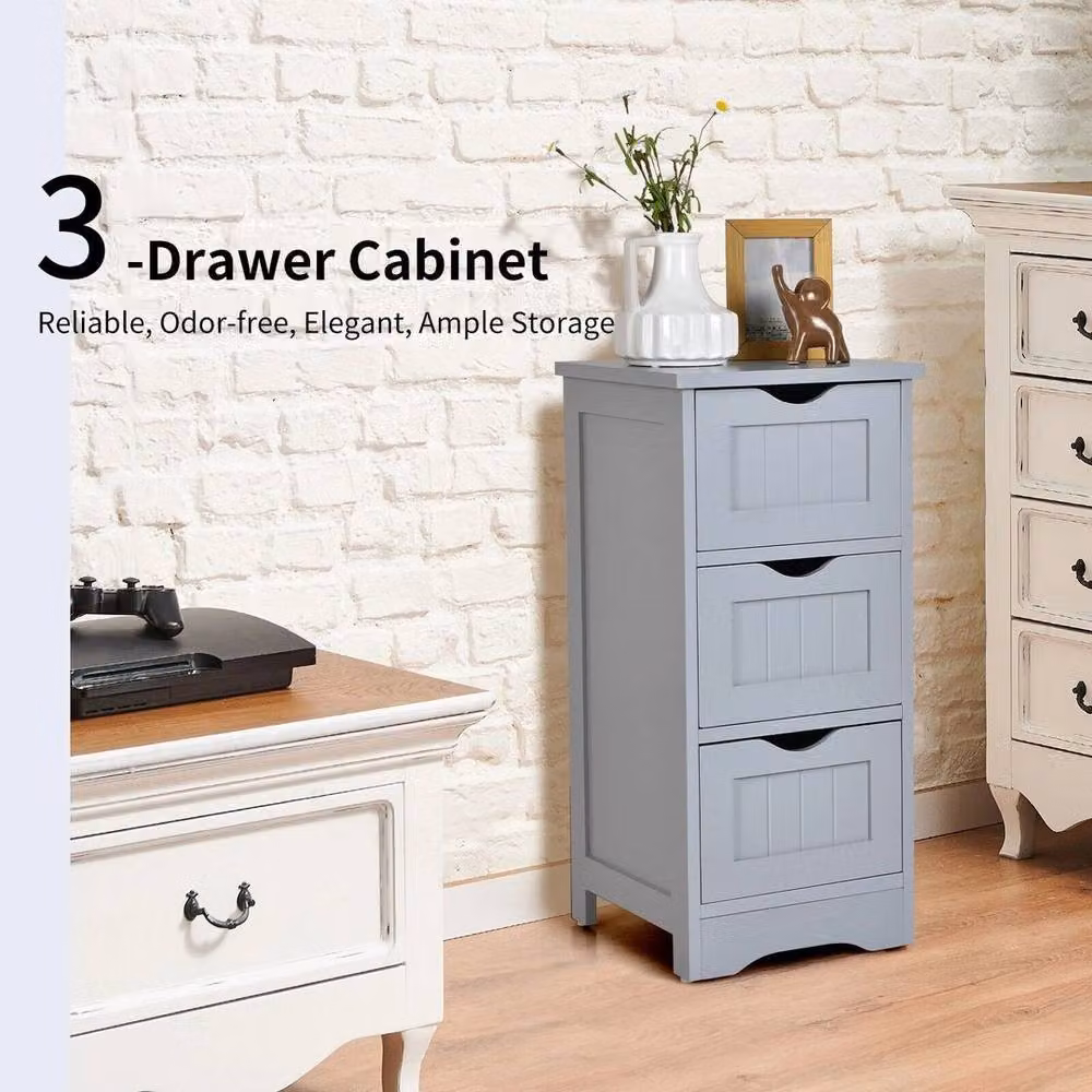 KORVIXA Grey Wood Bathroom Floor Cabinet with 3 Drawers, W: 70 cm, H: 75 cm – 2