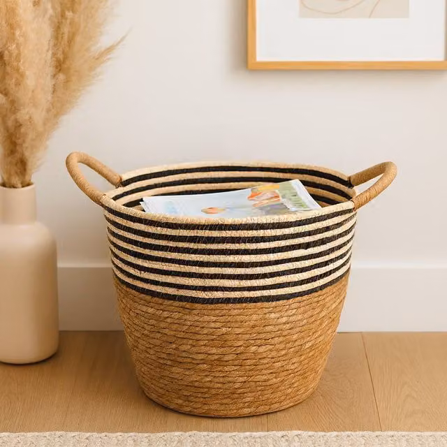 Voltico Striped Woven Seagrass Storage Basket with Handles, Brown, W: 30 cm, D: 25 cm