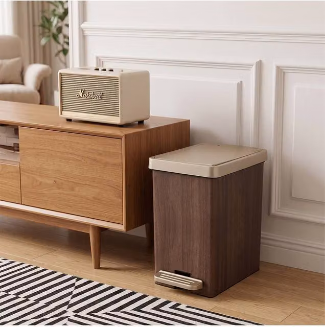 Living and Home Square Wood Effect Pedal Bin with Dual Open Lid in Brown – 1