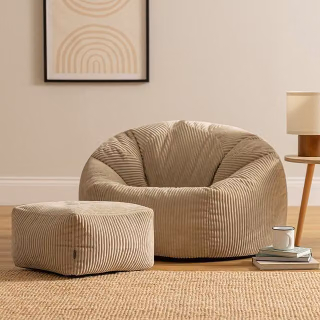 ICON Kingston Jumbo Cord Bean Bag and Footstool Bundle in Beige – 1
