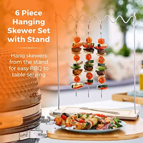 Tower Outdoor Living 6pc Hanging Skewers Set with Stand in Silver Stainless Steel and Wood – 2