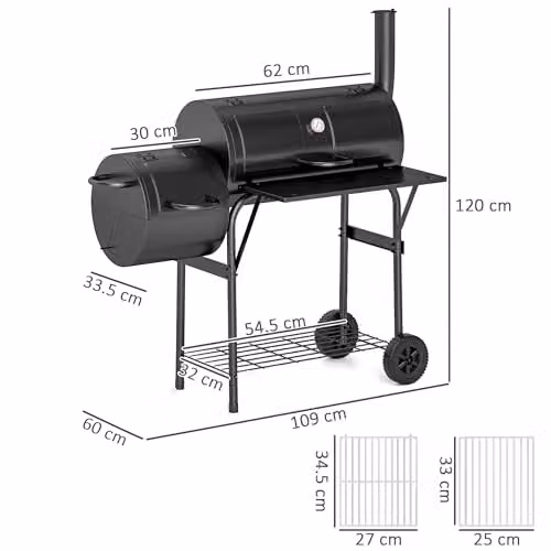 Outsunny Black Steel Offset Charcoal BBQ Grill with Thermometer and Wheels, W/D/H: 120 x 60 x 109 cm – 7