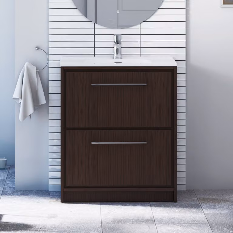 Livora Walnut Woodgrain Floor Standing Bathroom Vanity Unit with 2 Drawers and Ceramic Basin, Brown, Width: 70 cm