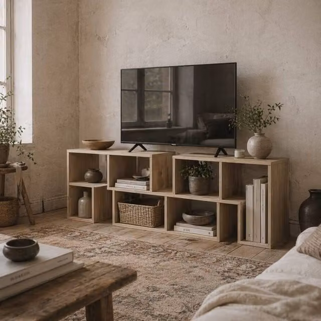 Wyld Haus Tota 3 Block Modular TV Stand, Grey Oak Wood Effect in Natural, W: 134-180 cm, D: 30.5 cm, H: 44 cm – 1