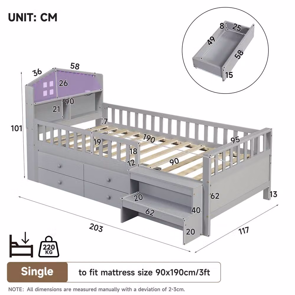 ModernLuxe Single Solid Wood Bed Frame in Grey with LED Lights, Storage Headboard, Drawers and USB Charging Port, W/D/H: 90 x 190 x 117 cm – 4