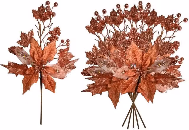 Shatchi Rose Gold Glitter Poinsettia and Berry Christmas Picks, 12 Pack, Height: 46 cm