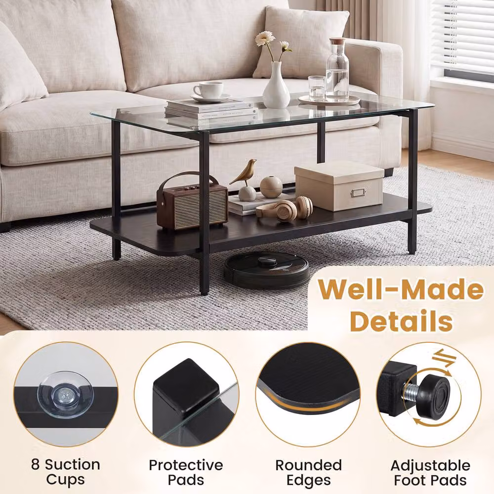 Costway Modern 2-Tier Rectangular Coffee Table with Black Tempered Glass and Metal Frame – 6